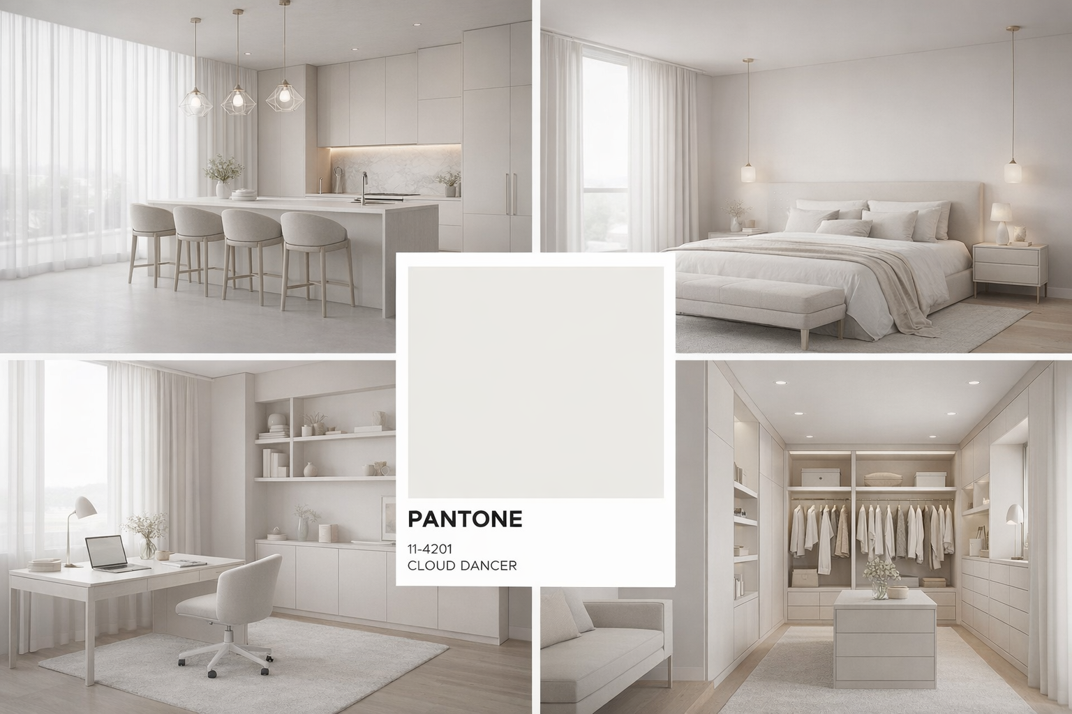 Collage de interiores contemporáneos en tonos neutros claros inspirados en Pantone 11-4201 Cloud Dancer. Se muestran una cocina minimalista con isla y taburetes, un dormitorio luminoso y sereno, un espacio de home office ordenado y un walk-in closet elegante, todos con luz natural, textiles suaves y una paleta monocromática que transmite calma, equilibrio y sofisticación.